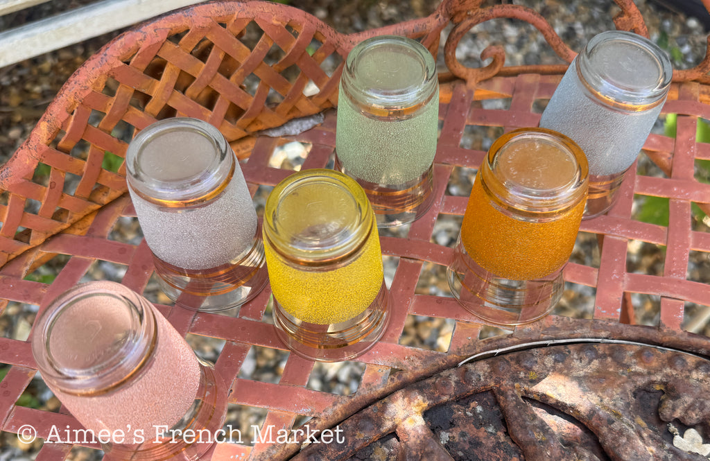 1950s French Vintage Mixed Colors Glasses, Granité/Sugared/Sanded — Set of 6