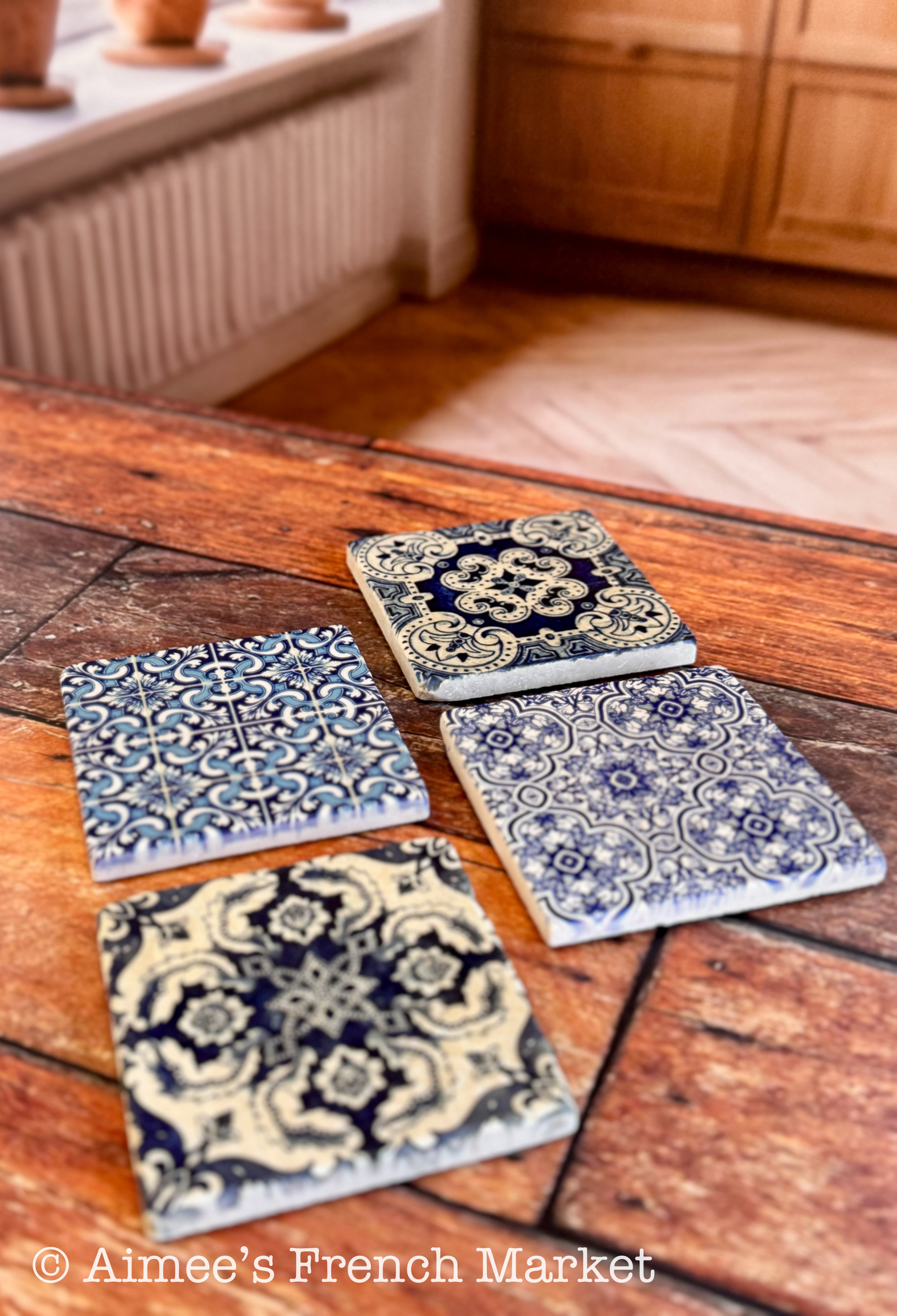 Handcrafted Tumbled Marble Coasters in French designs