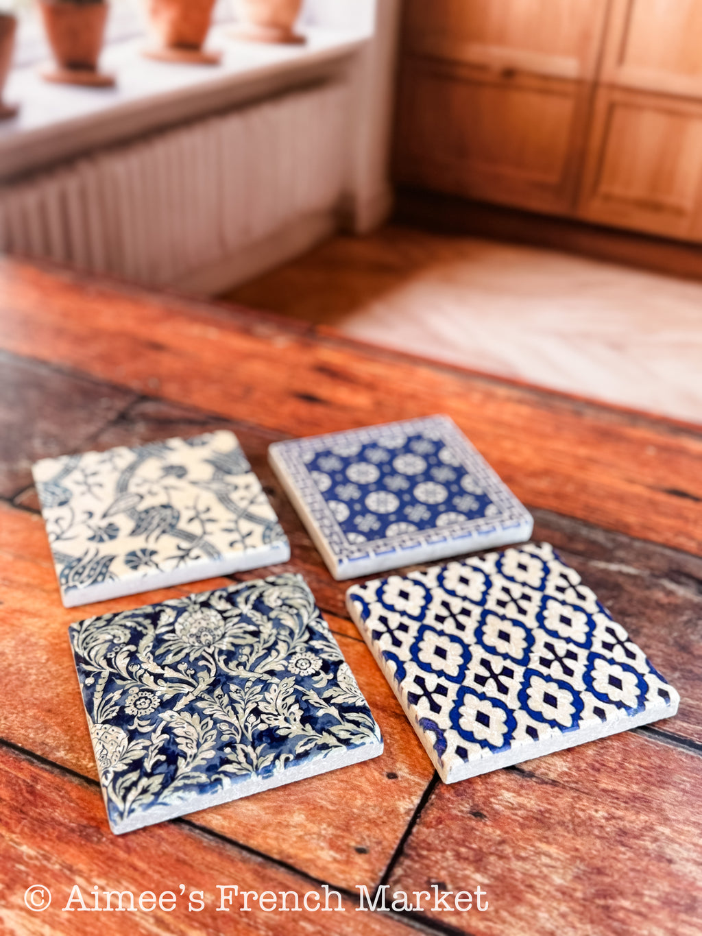 Handcrafted Tumbled Marble Coasters in French designs