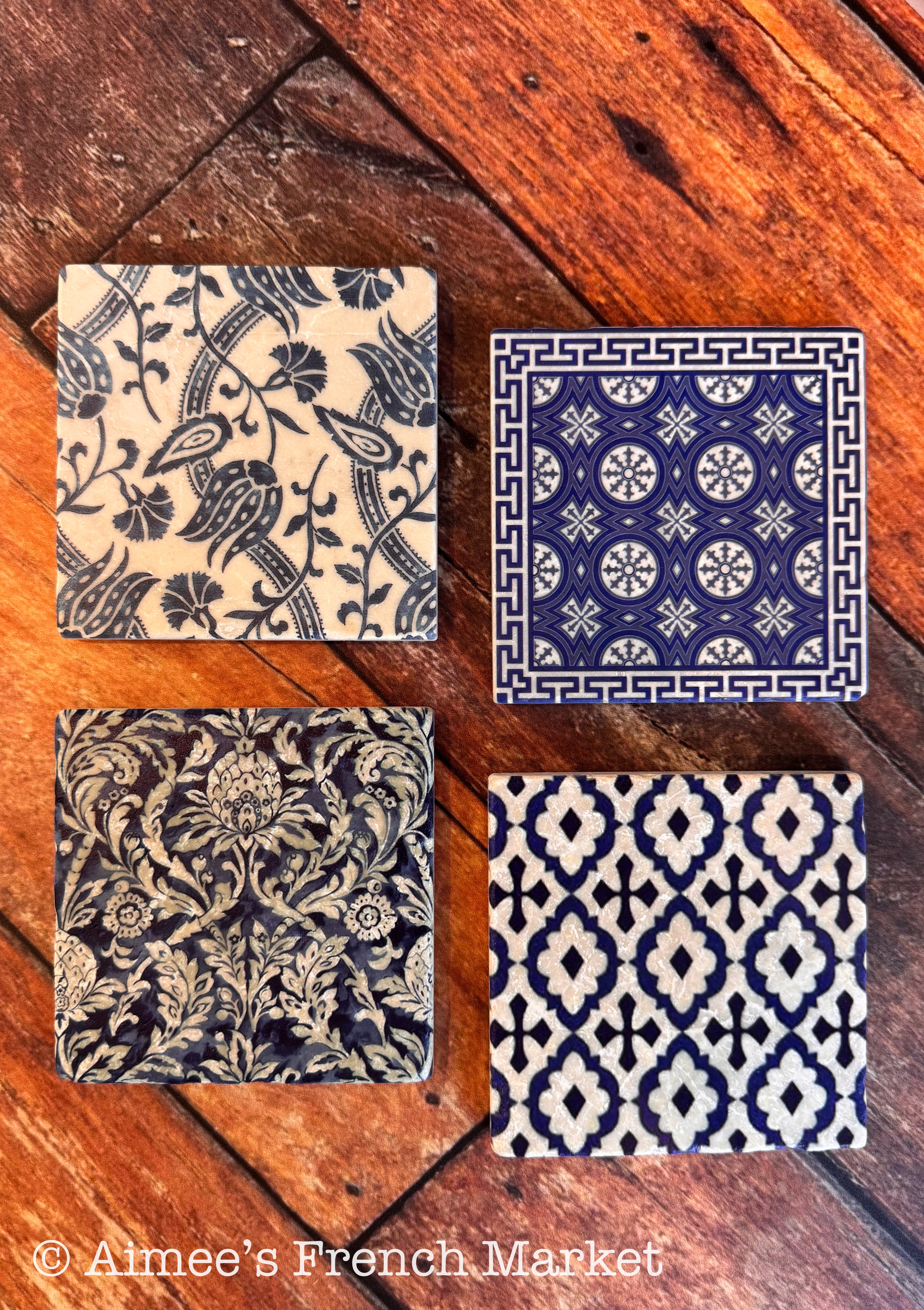 Handcrafted Tumbled Marble Coasters in French designs