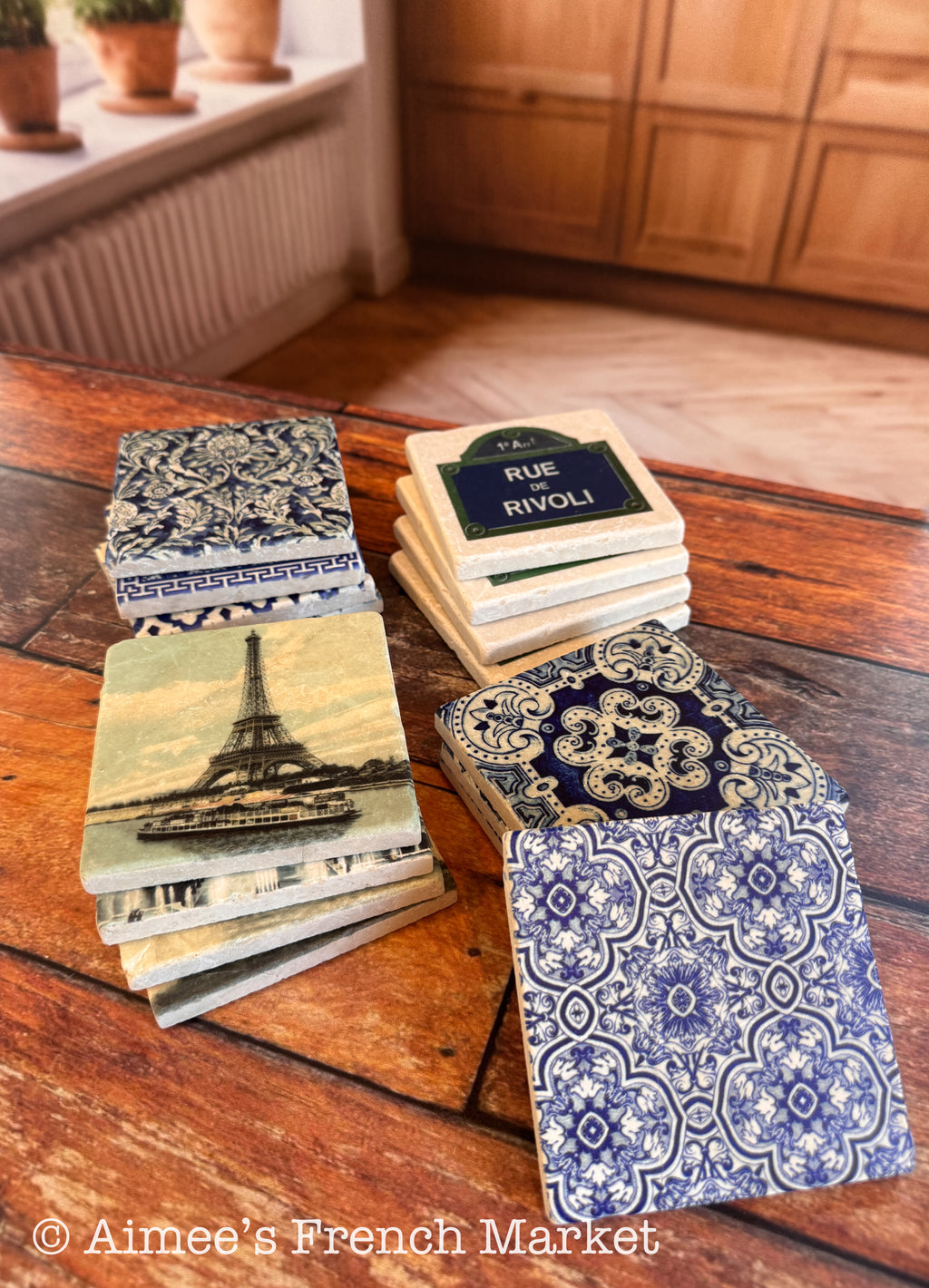 Handcrafted Tumbled Marble Coasters in French designs