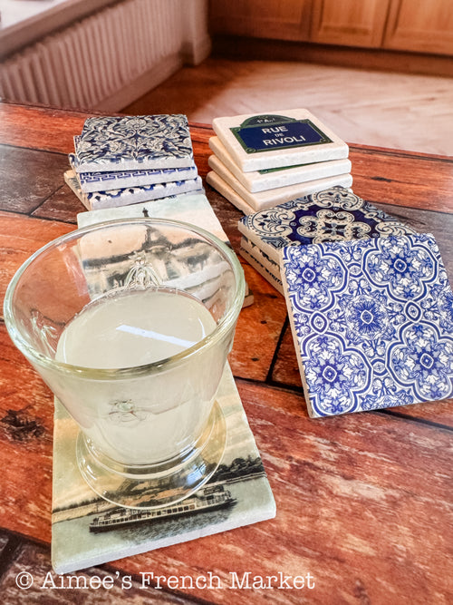 Handcrafted Tumbled Marble Coasters in French designs