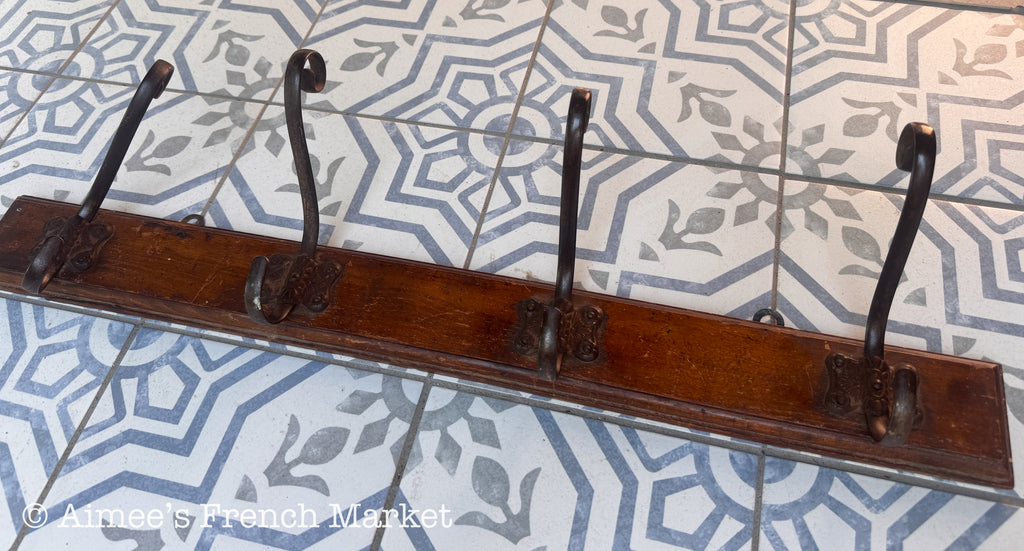 Antique French Wall Coat Rack | Belle Époque Cast Iron Double Hooks on Oak Board | Late 19th Century Porte-Manteau