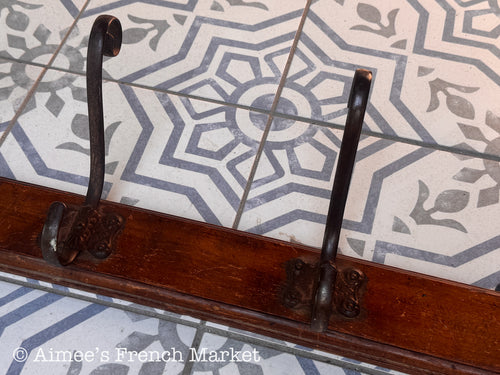 Antique French Wall Coat Rack | Belle Époque Cast Iron Double Hooks on Oak Board | Late 19th Century Porte-Manteau