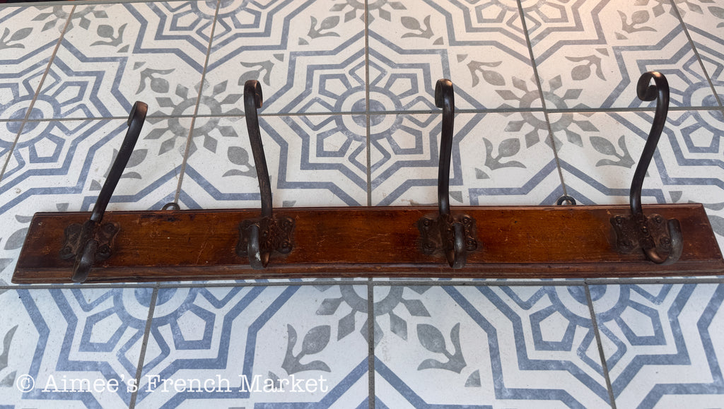 Antique French Wall Coat Rack | Belle Époque Cast Iron Double Hooks on Oak Board | Late 19th Century Porte-Manteau
