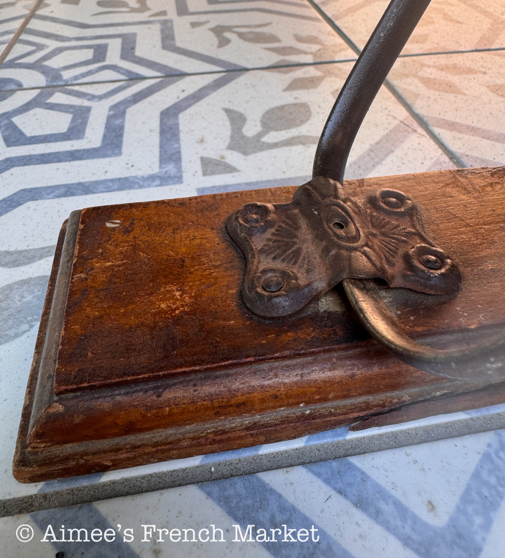 Antique French Wall Coat Rack | Belle Époque Cast Iron Double Hooks on Oak Board | Late 19th Century Porte-Manteau