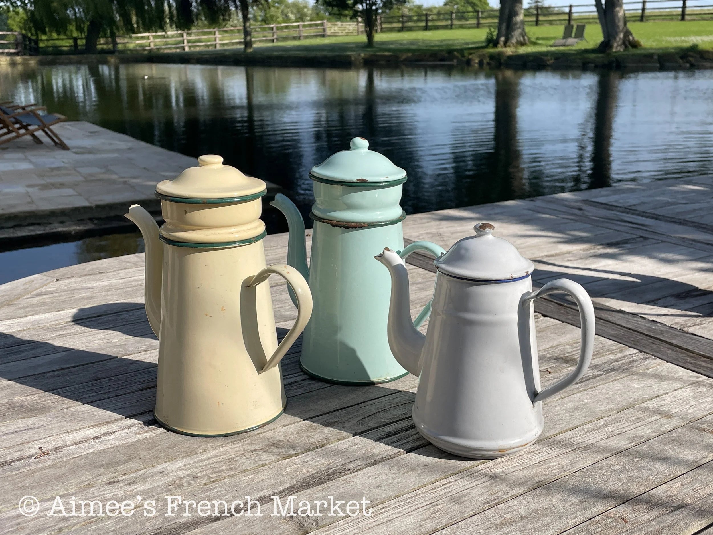 Vintage Enamelware Coffee Pot, Yellow, 3 pieces - c. 1920s