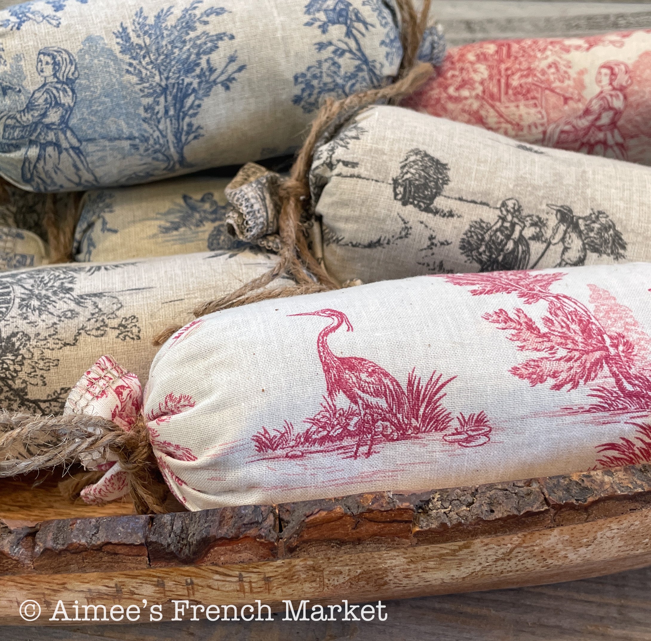 French Toile Sachets, Handmade in Provence, Bolster Style