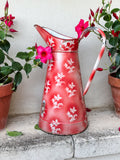 Antique French Enamelware Pitcher — Rare Red Ground White Floral — Large