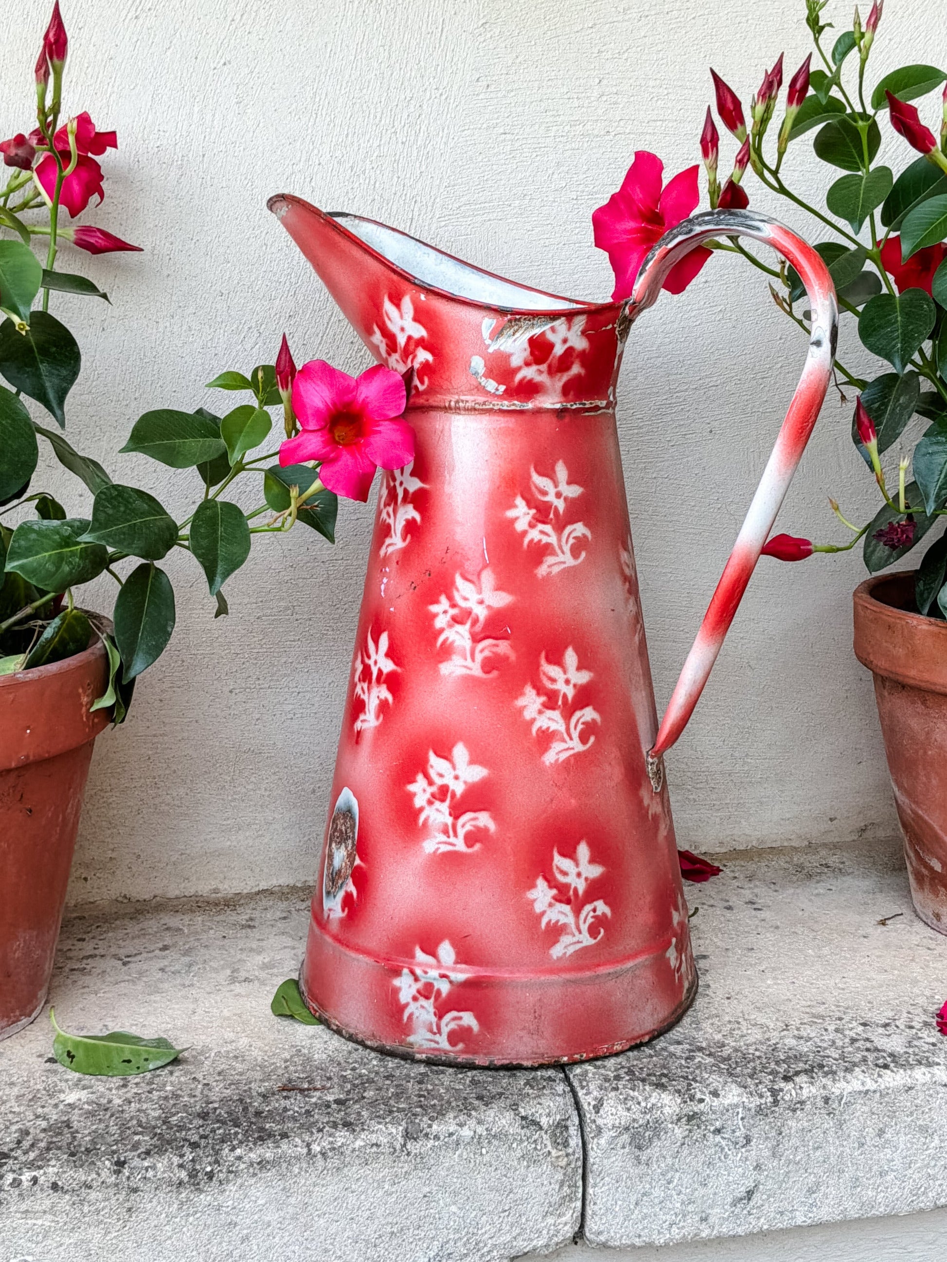 Antique French Enamelware Pitcher — Rare Red Ground White Floral — Large