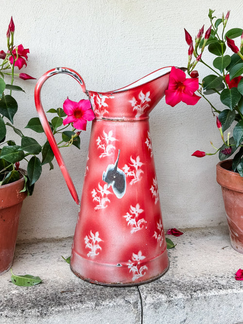 Antique French Enamelware Pitcher — Rare Red Ground White Floral — Large