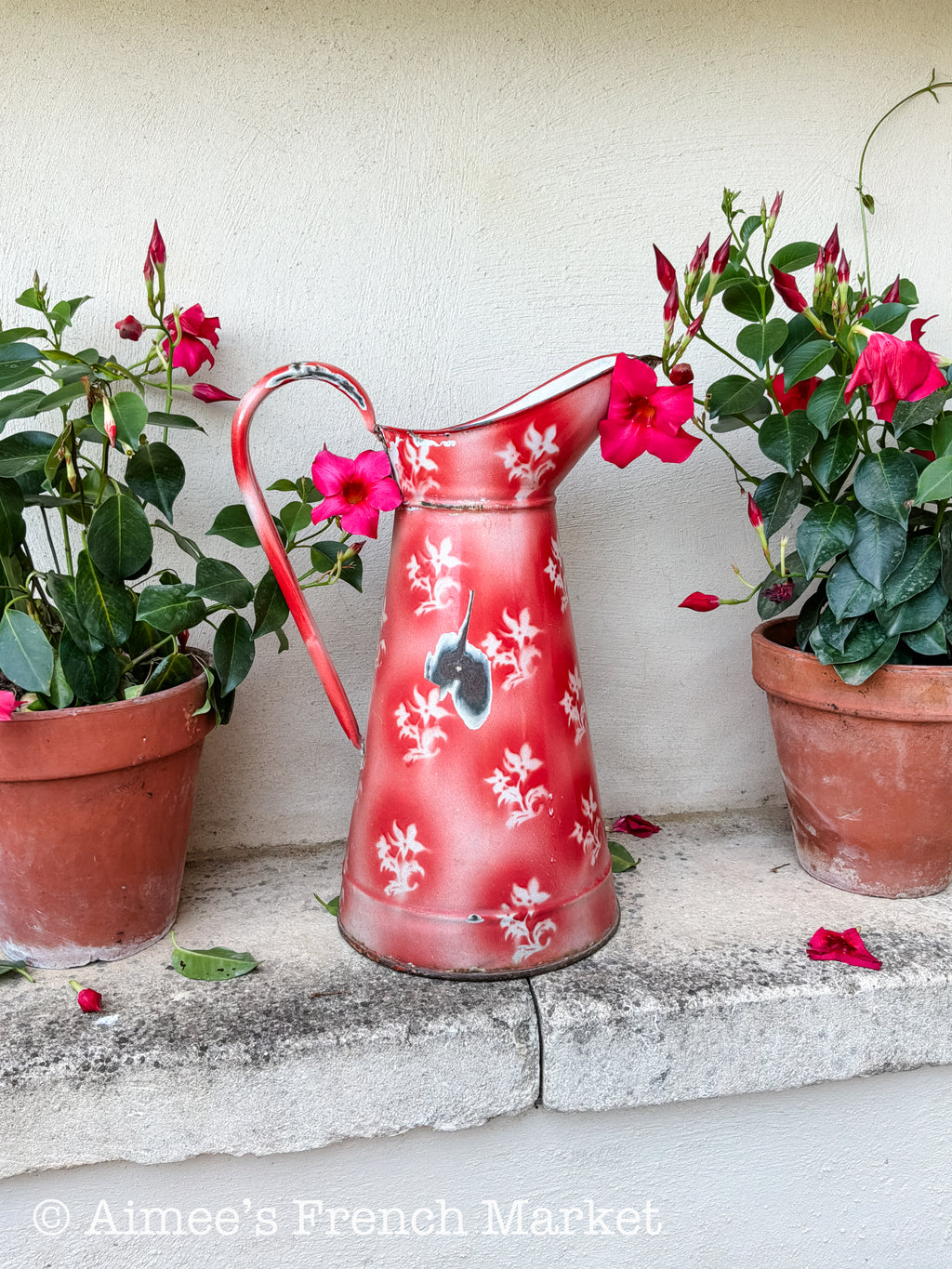 Antique French Enamelware Pitcher — Rare Red Ground White Floral — Large