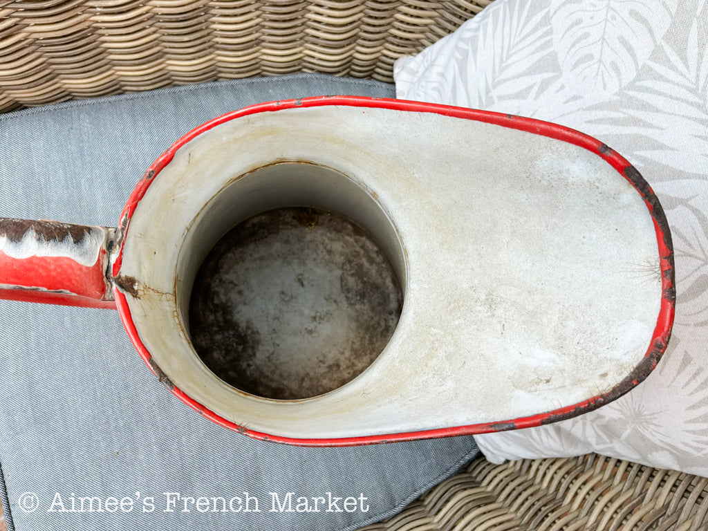 Antique French Enamelware Pitcher — Rare Red Ground White Floral — Large