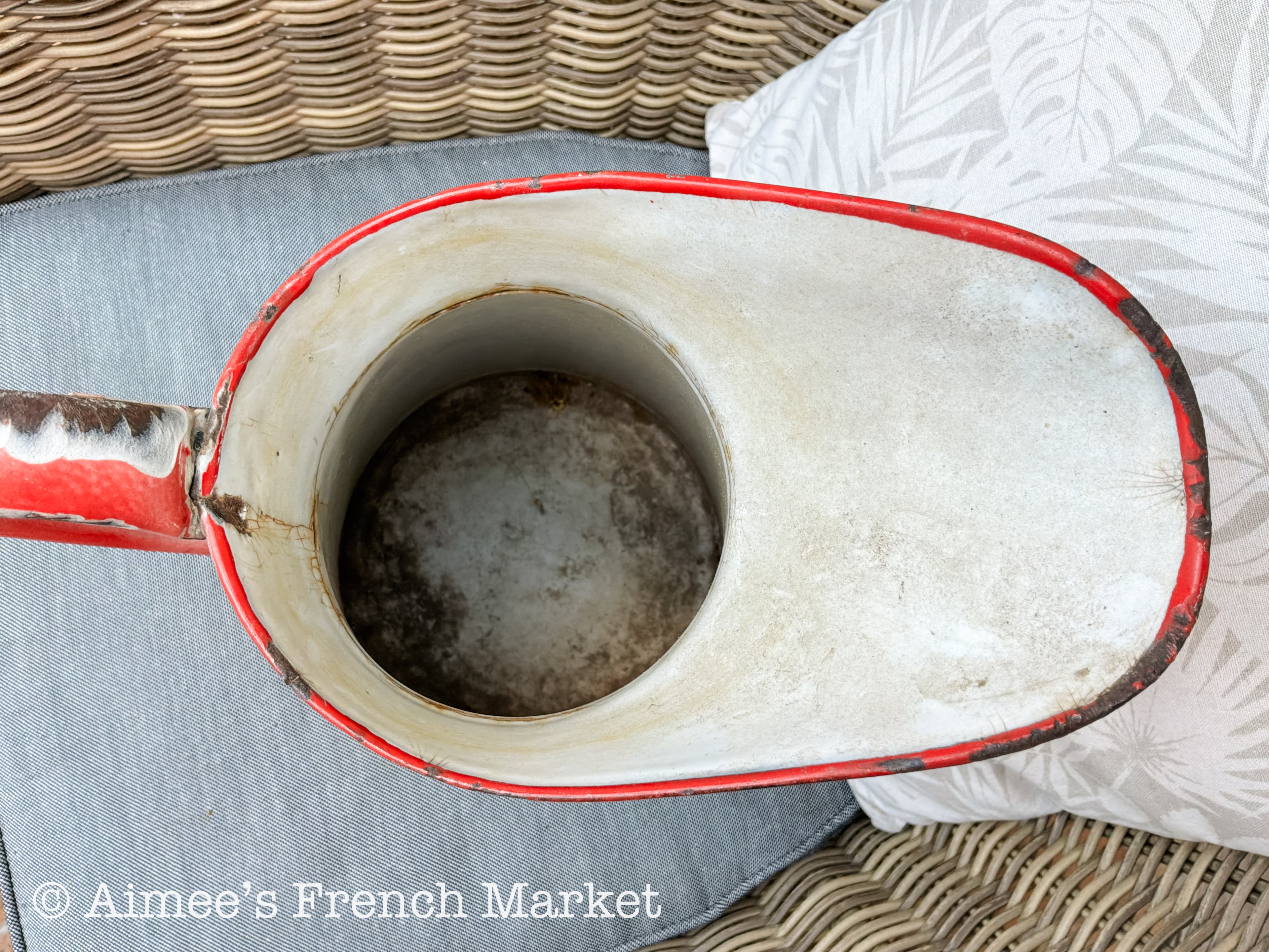 Antique French Enamelware Pitcher — Rare Red Ground White Floral — Large