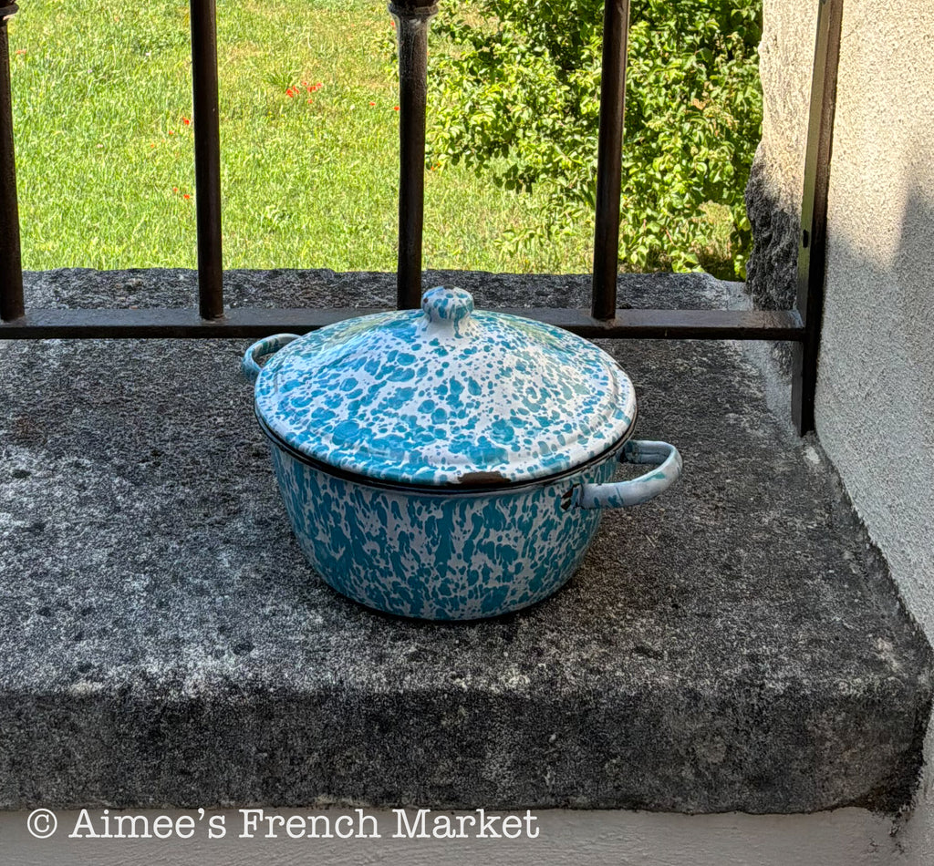 Vintage French Enamelware Pot, Blue Spatter Soup Pot with Lid