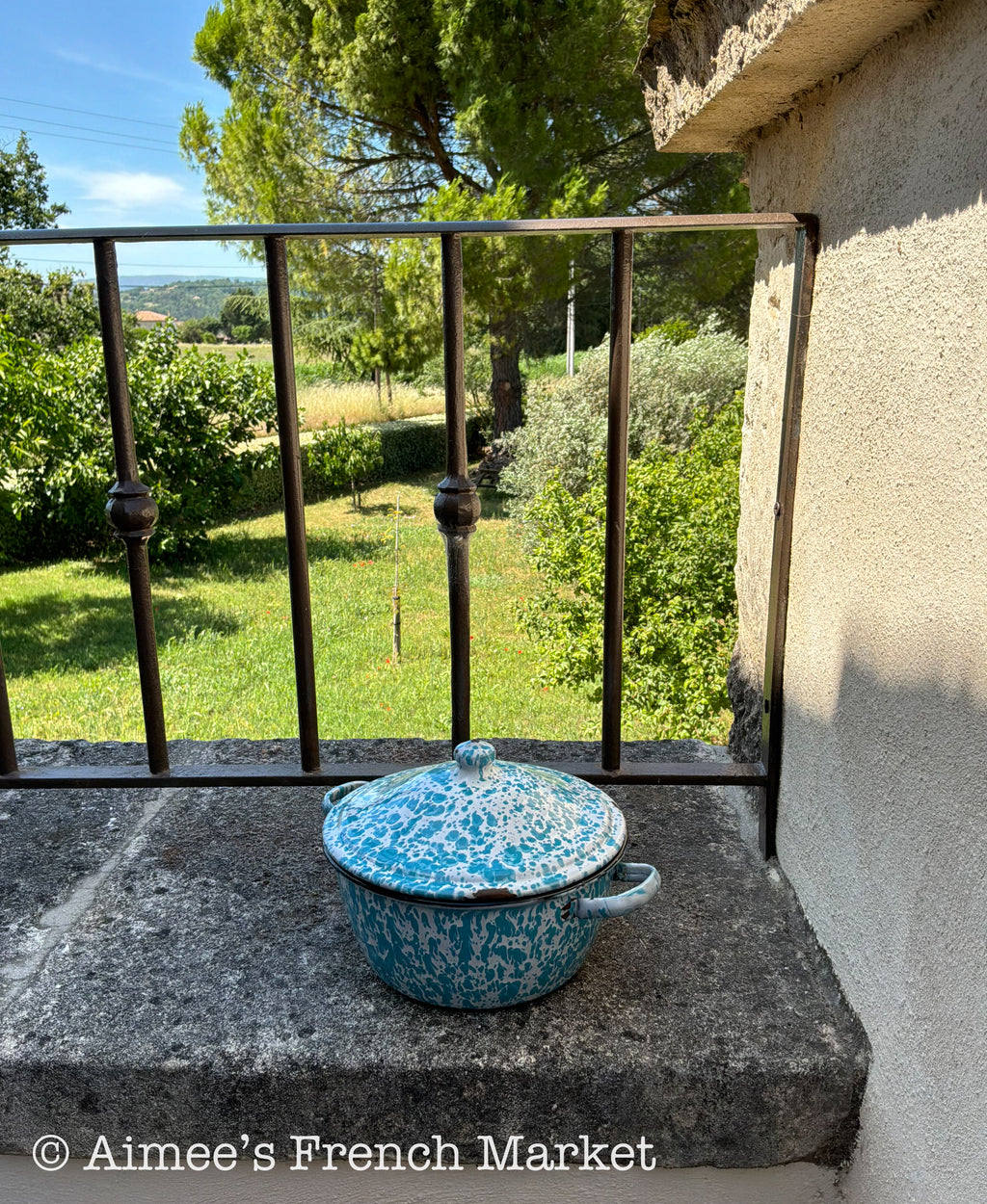 Vintage French Enamelware Pot, Blue Spatter Soup Pot with Lid