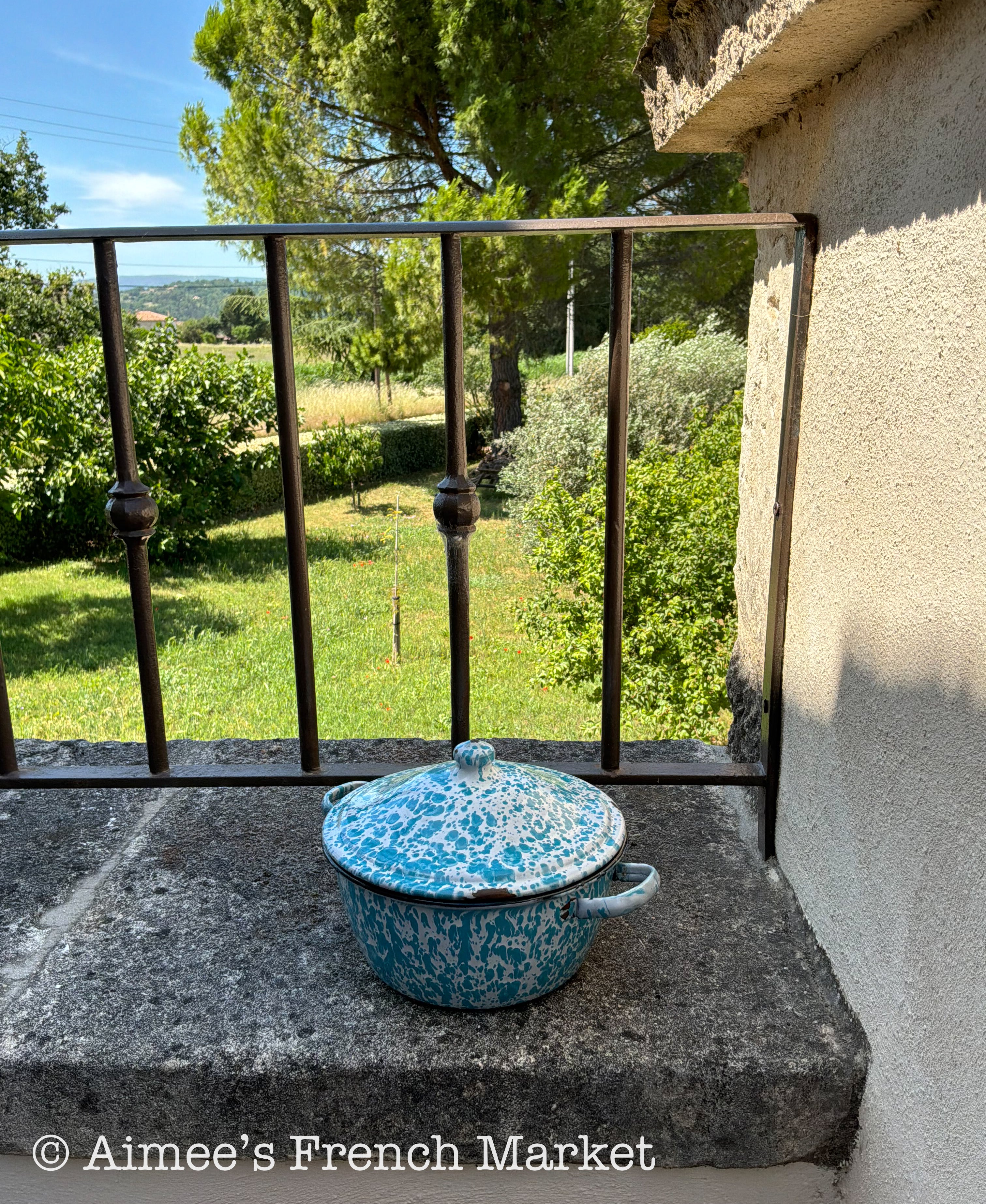 Vintage French Enamelware Pot, Blue Spatter Soup Pot with Lid