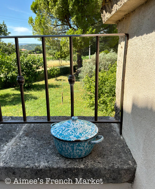 Vintage French Enamelware Pot, Blue Spatter Soup Pot with Lid