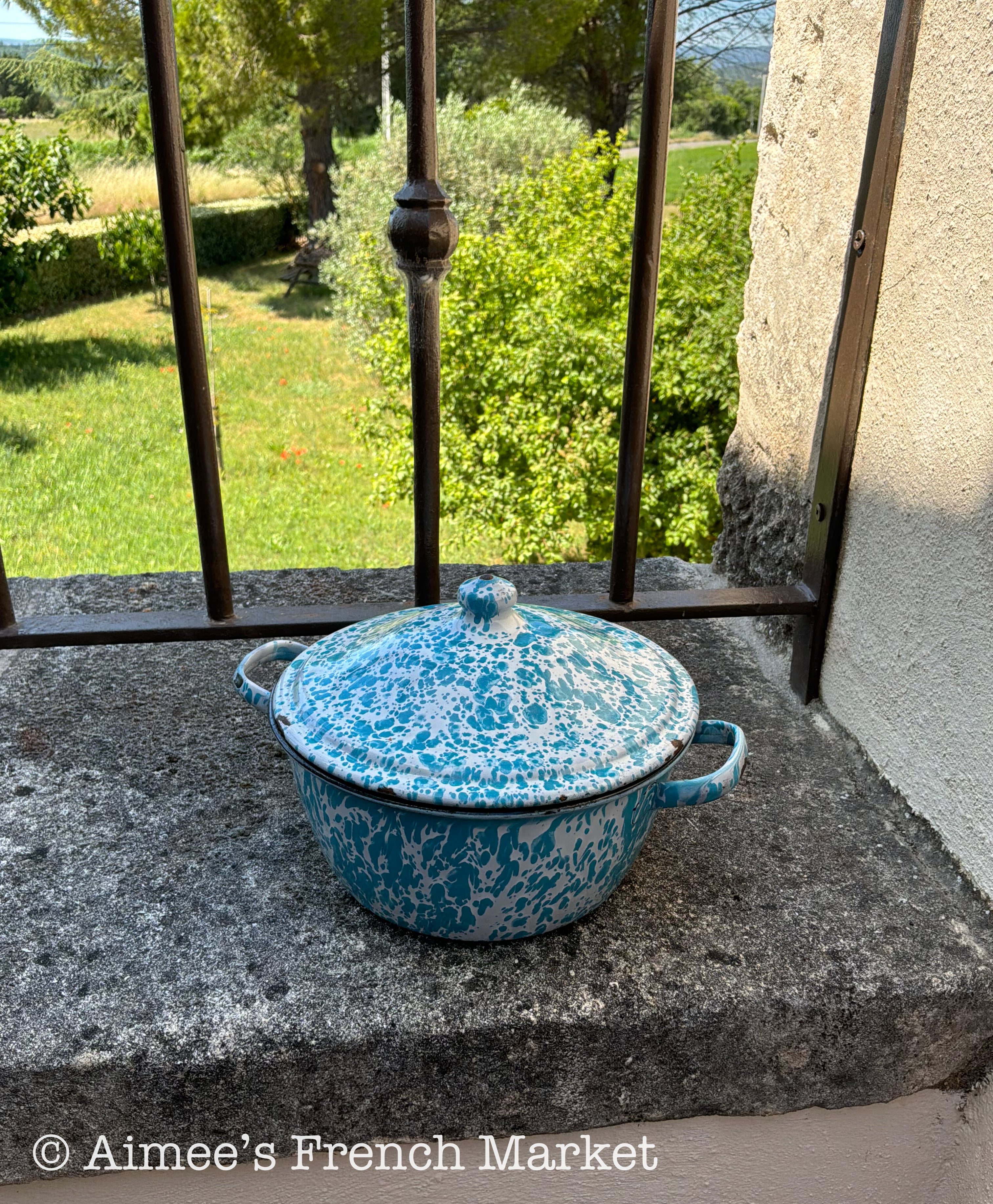 Vintage French Enamelware Pot, Blue Spatter Soup Pot with Lid