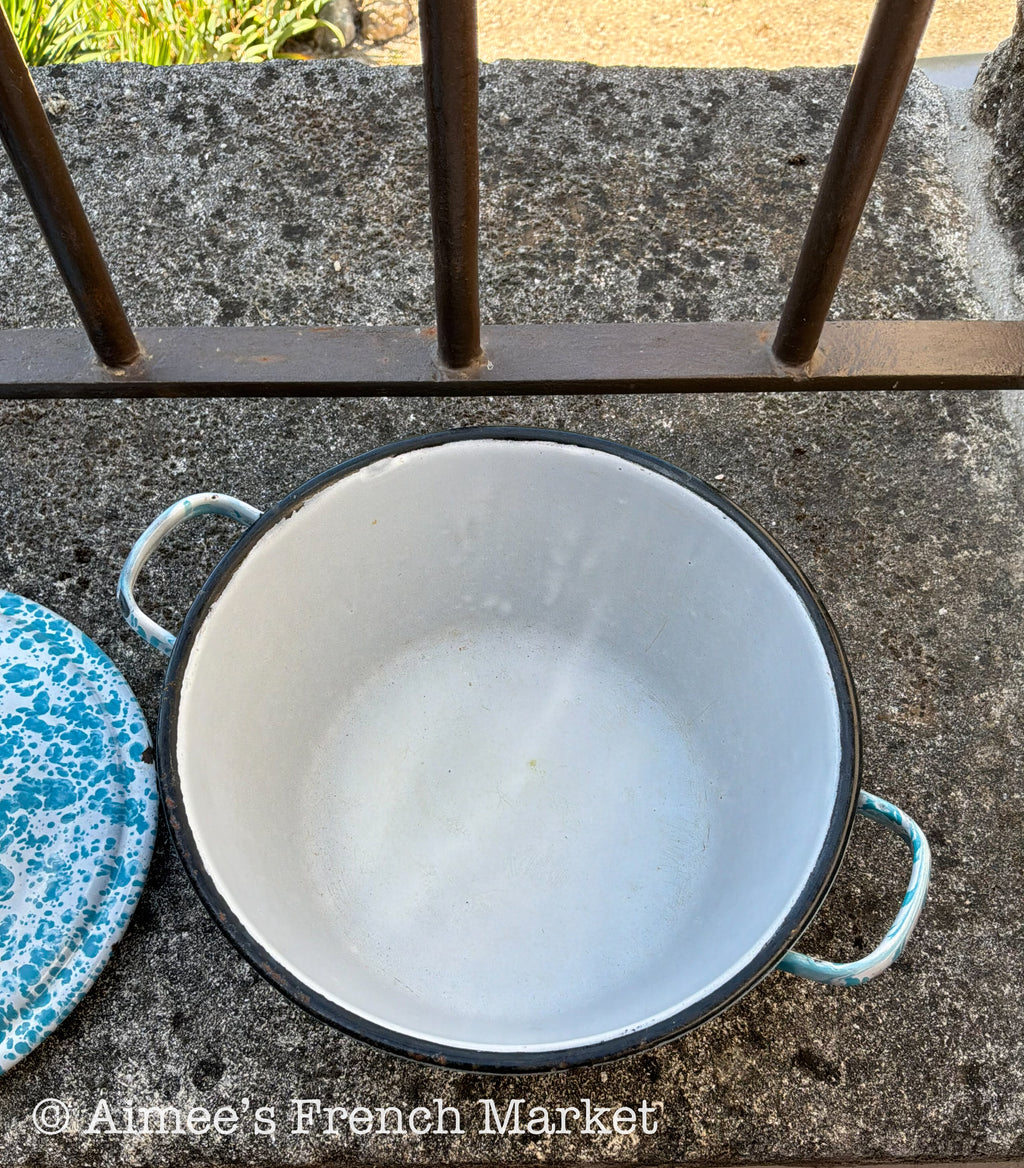 Vintage French Enamelware Pot, Blue Spatter Soup Pot with Lid