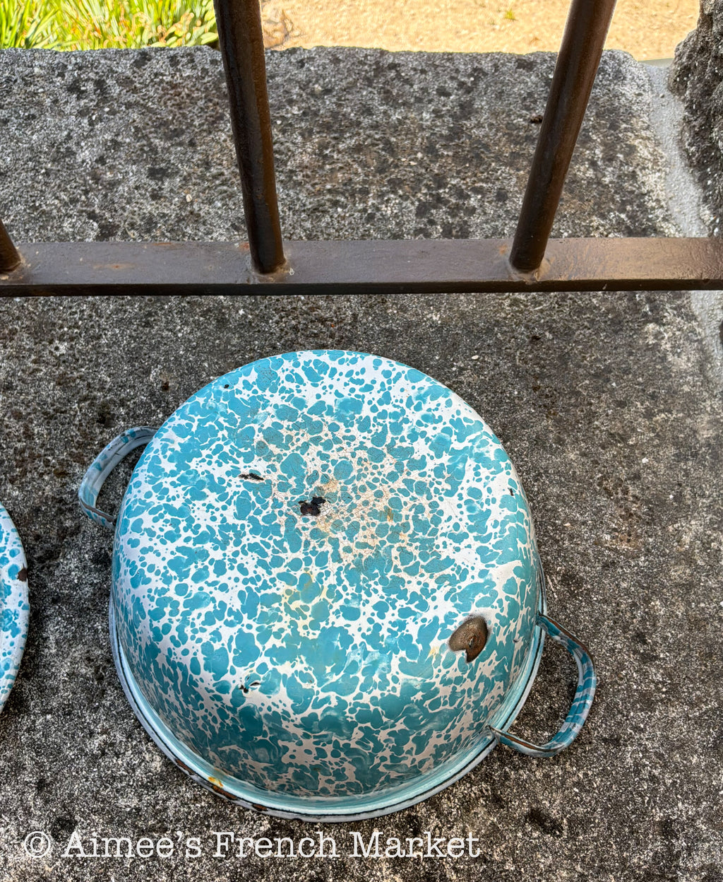 Vintage French Enamelware Pot, Blue Spatter Soup Pot with Lid