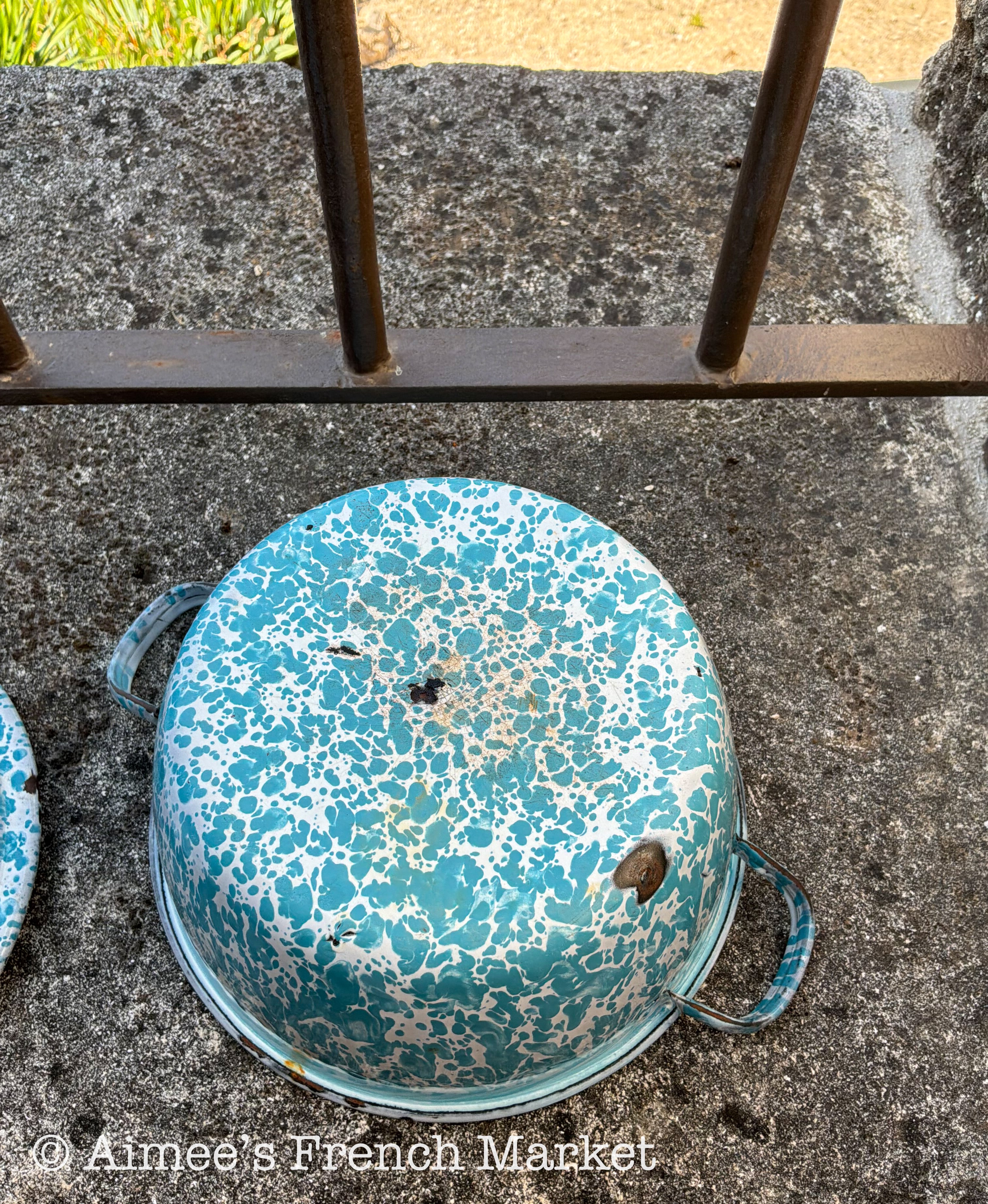 Vintage French Enamelware Pot, Blue Spatter Soup Pot with Lid