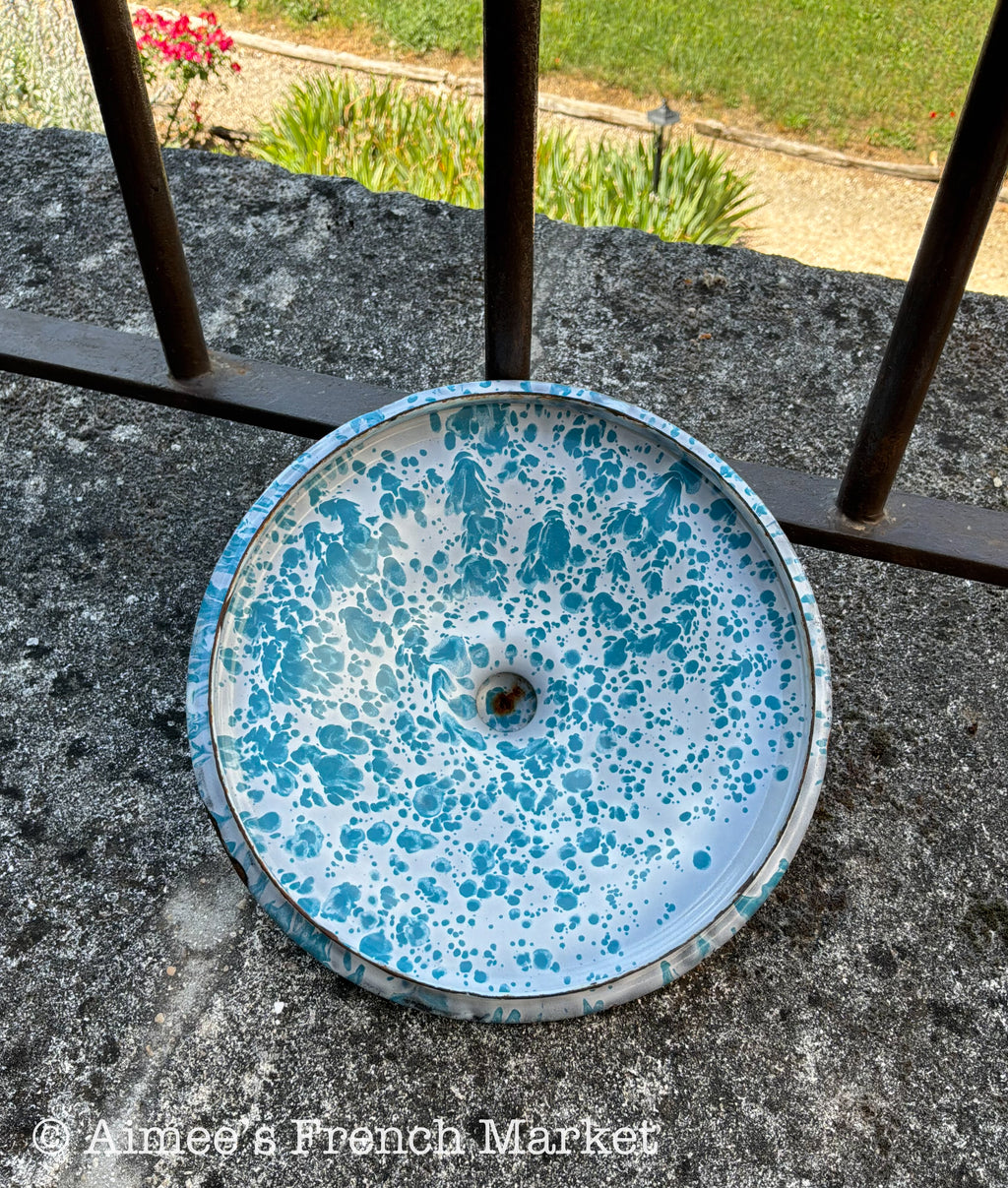 Vintage French Enamelware Pot, Blue Spatter Soup Pot with Lid