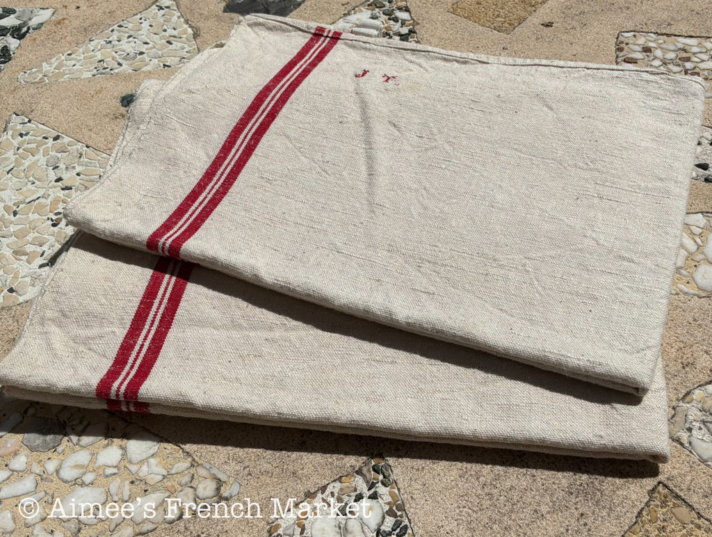 French Vintage Red-Striped Linen Kitchen Towels, c.1920s, Quadruple/Four Stripe