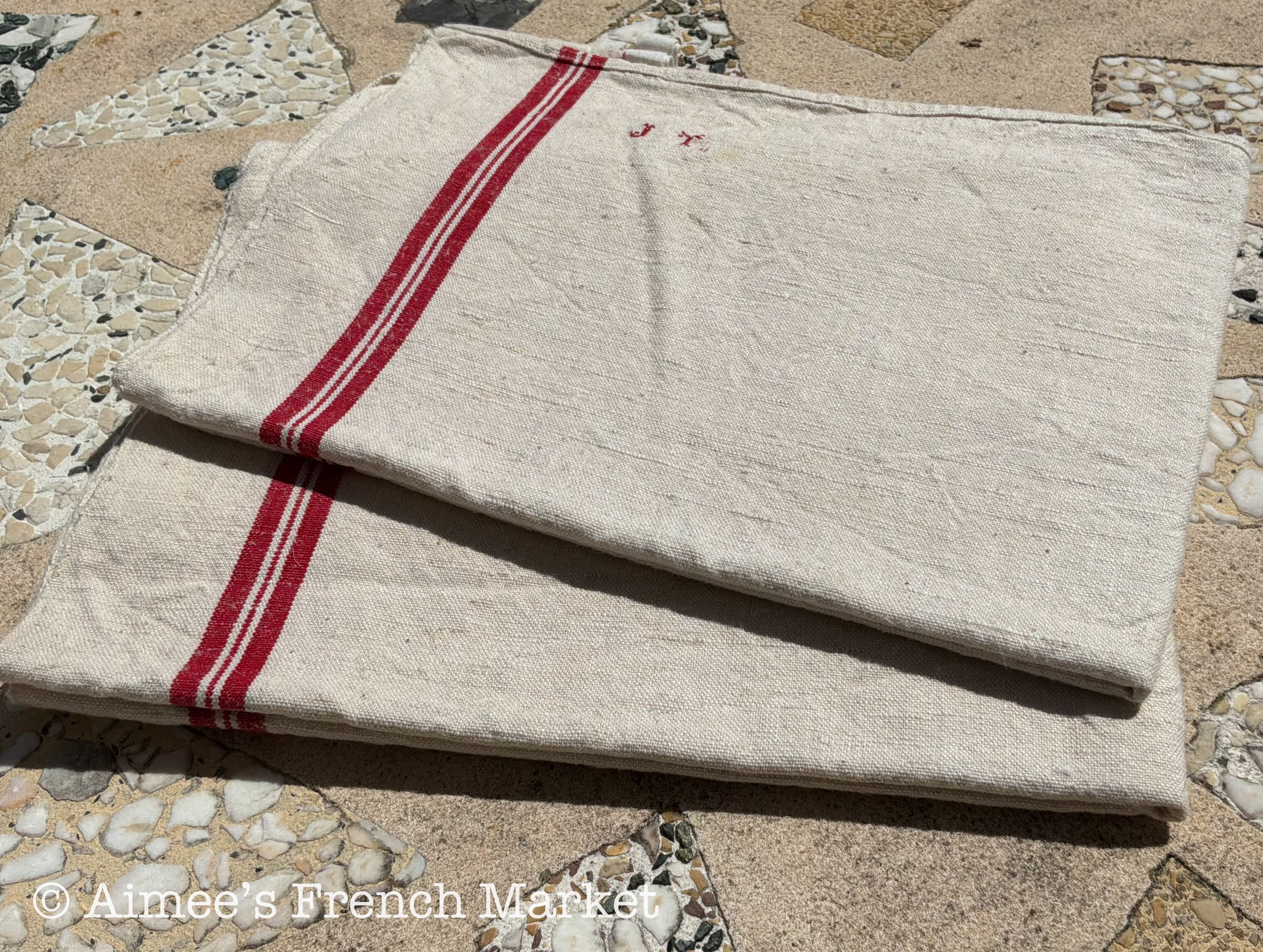 French Vintage Red-Striped Linen Kitchen Towels, c.1920s, Quadruple/Four Stripe