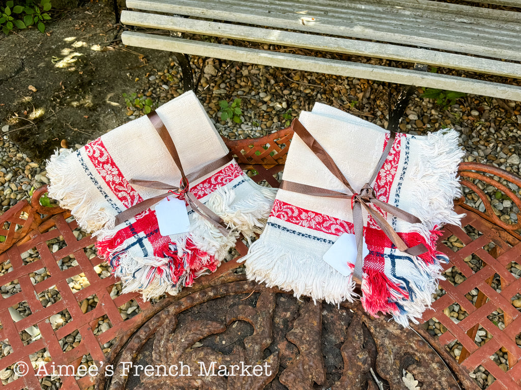 Vintage French Jacquard Napkins (Sets of 6) — Red White Blue Fringe Cotton — French Country Table Linens — Serviettes Françaises