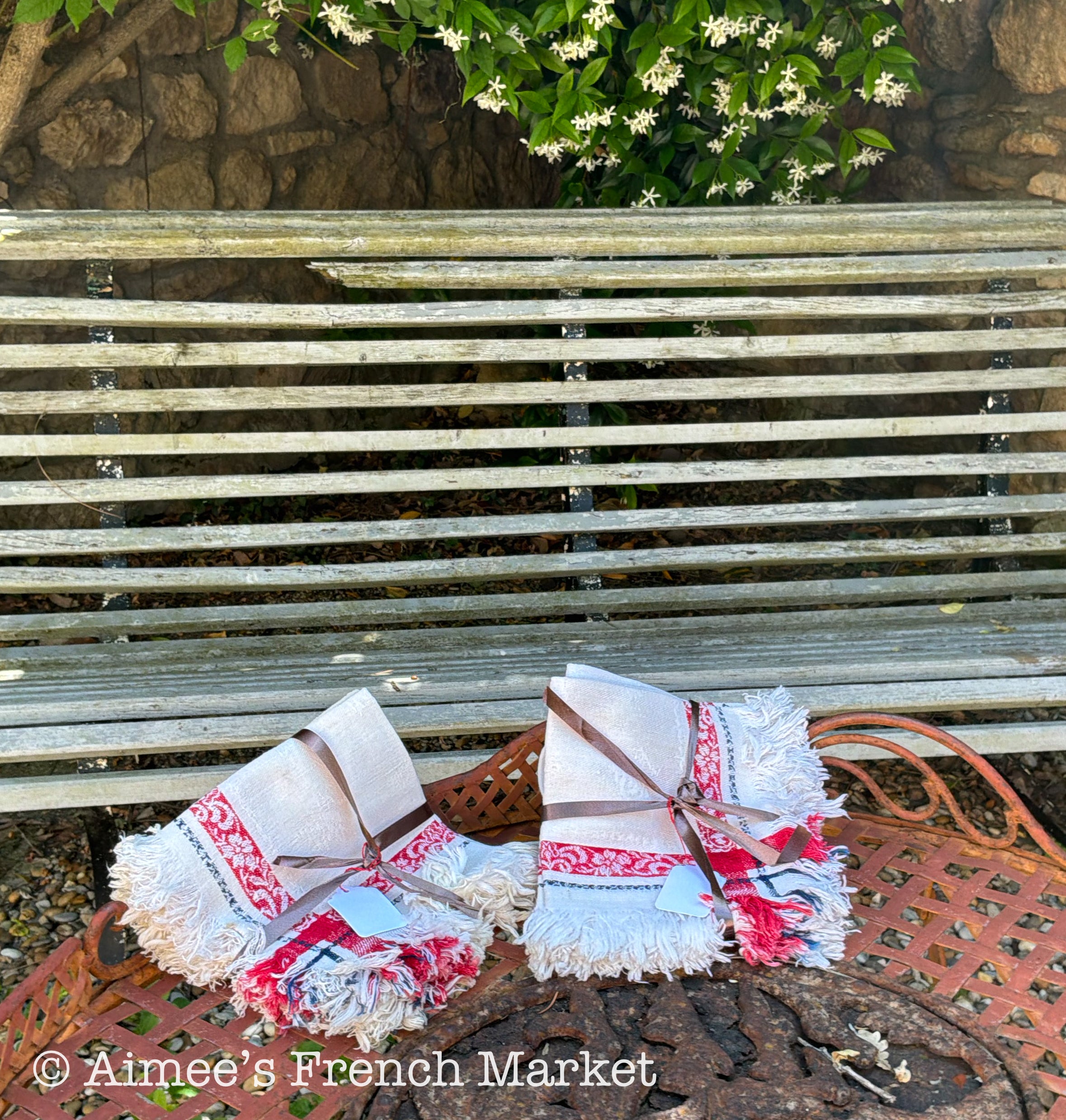 Vintage French Jacquard Napkins (Sets of 6) — Red White Blue Fringe Cotton — French Country Table Linens — Serviettes Françaises