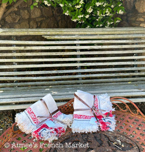 Vintage French Jacquard Napkins (Sets of 6) — Red White Blue Fringe Cotton — French Country Table Linens — Serviettes Françaises
