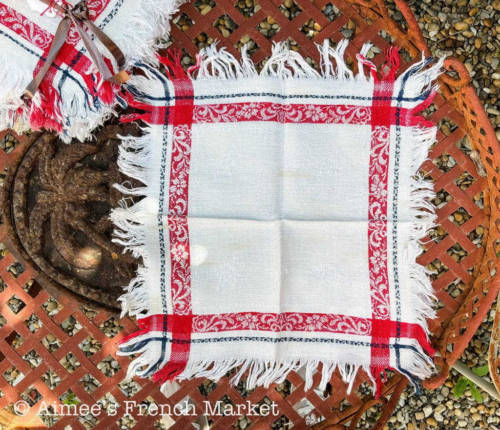 Vintage French Jacquard Napkins (Sets of 6) — Red White Blue Fringe Cotton — French Country Table Linens — Serviettes Françaises