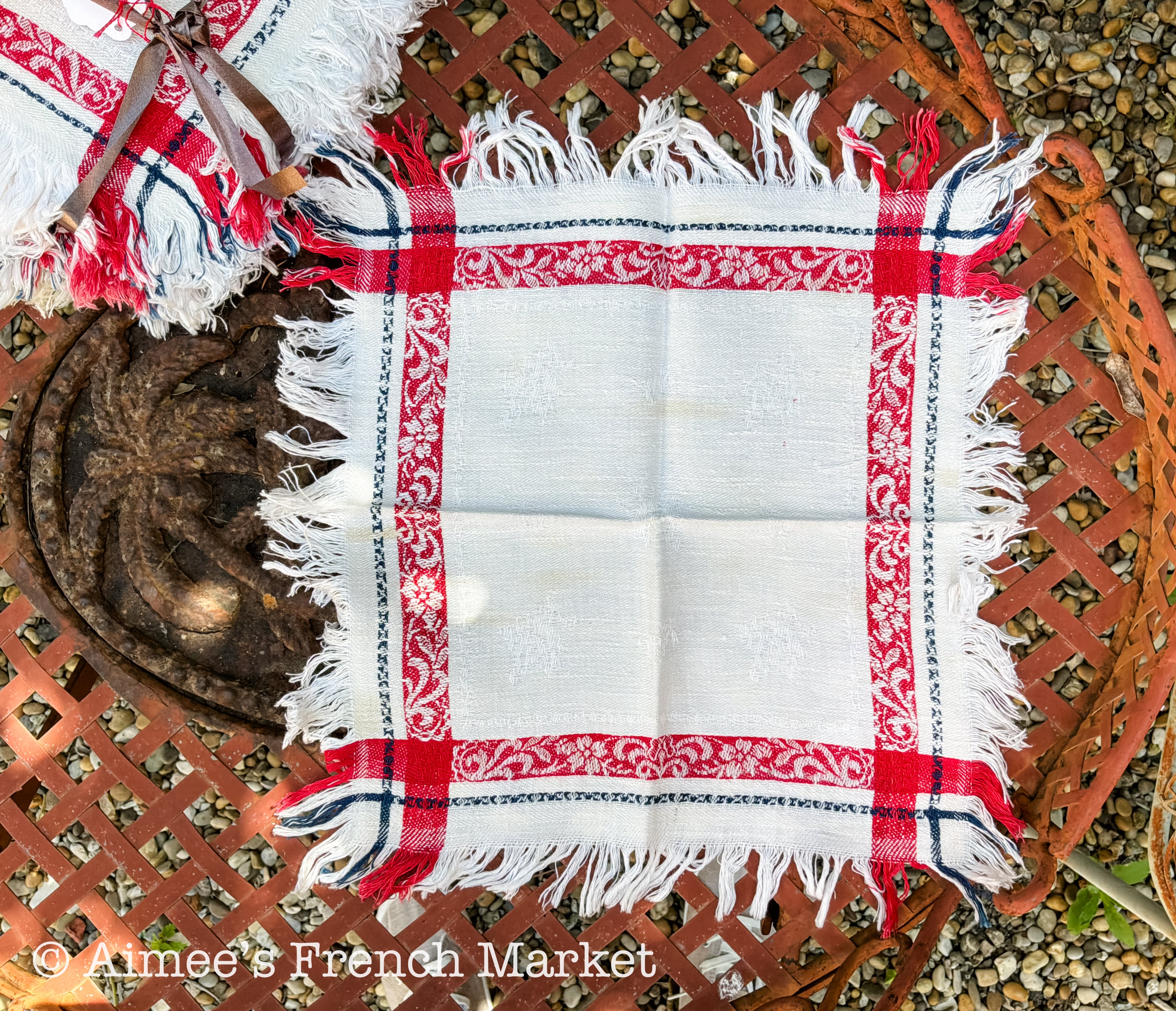 Vintage French Jacquard Napkins (Sets of 6) — Red White Blue Fringe Cotton — French Country Table Linens — Serviettes Françaises