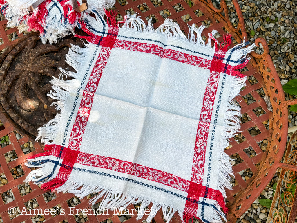 Vintage French Jacquard Napkins (Sets of 6) — Red White Blue Fringe Cotton — French Country Table Linens — Serviettes Françaises