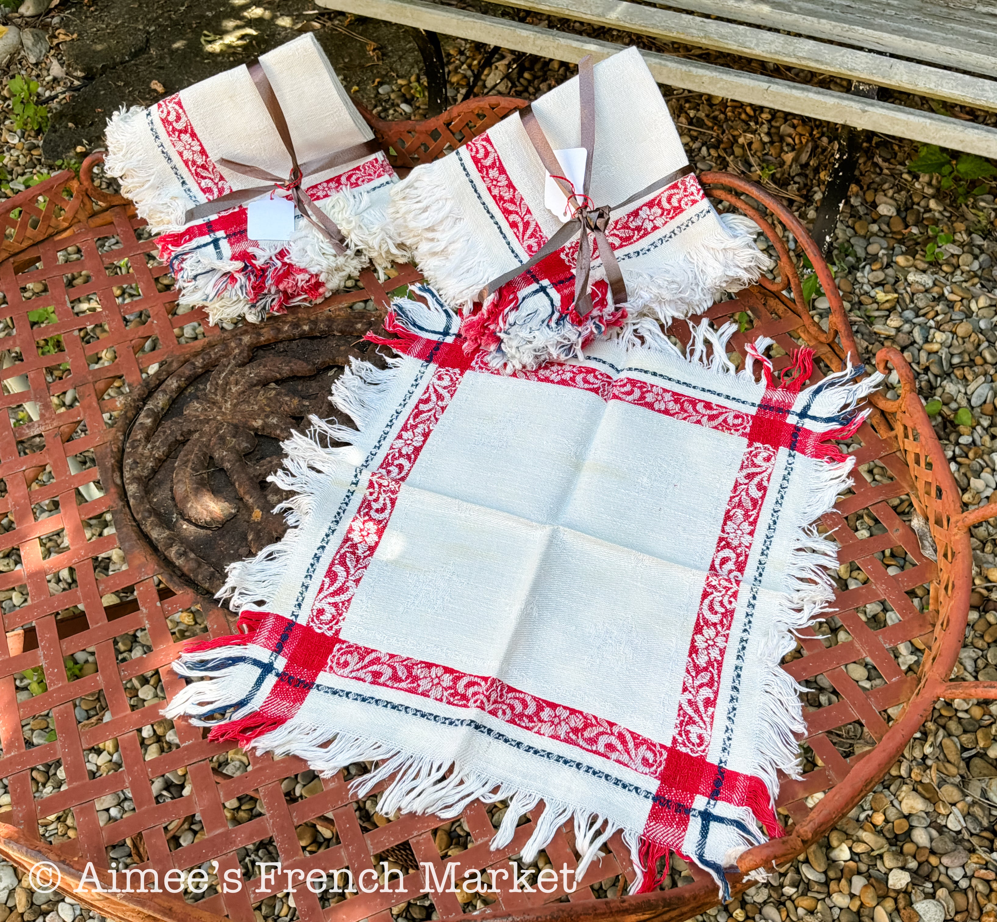 Vintage French Jacquard Napkins (Sets of 6) — Red White Blue Fringe Cotton — French Country Table Linens — Serviettes Françaises