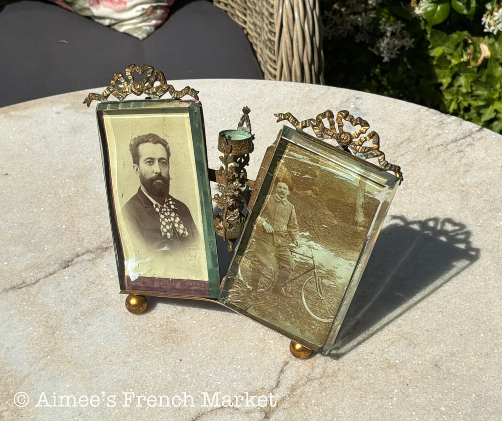 RARE - Antique French Double Photo Frame with Candle Holder — Belle Époque Brass Ormolu Beveled Glass with Original Photographs