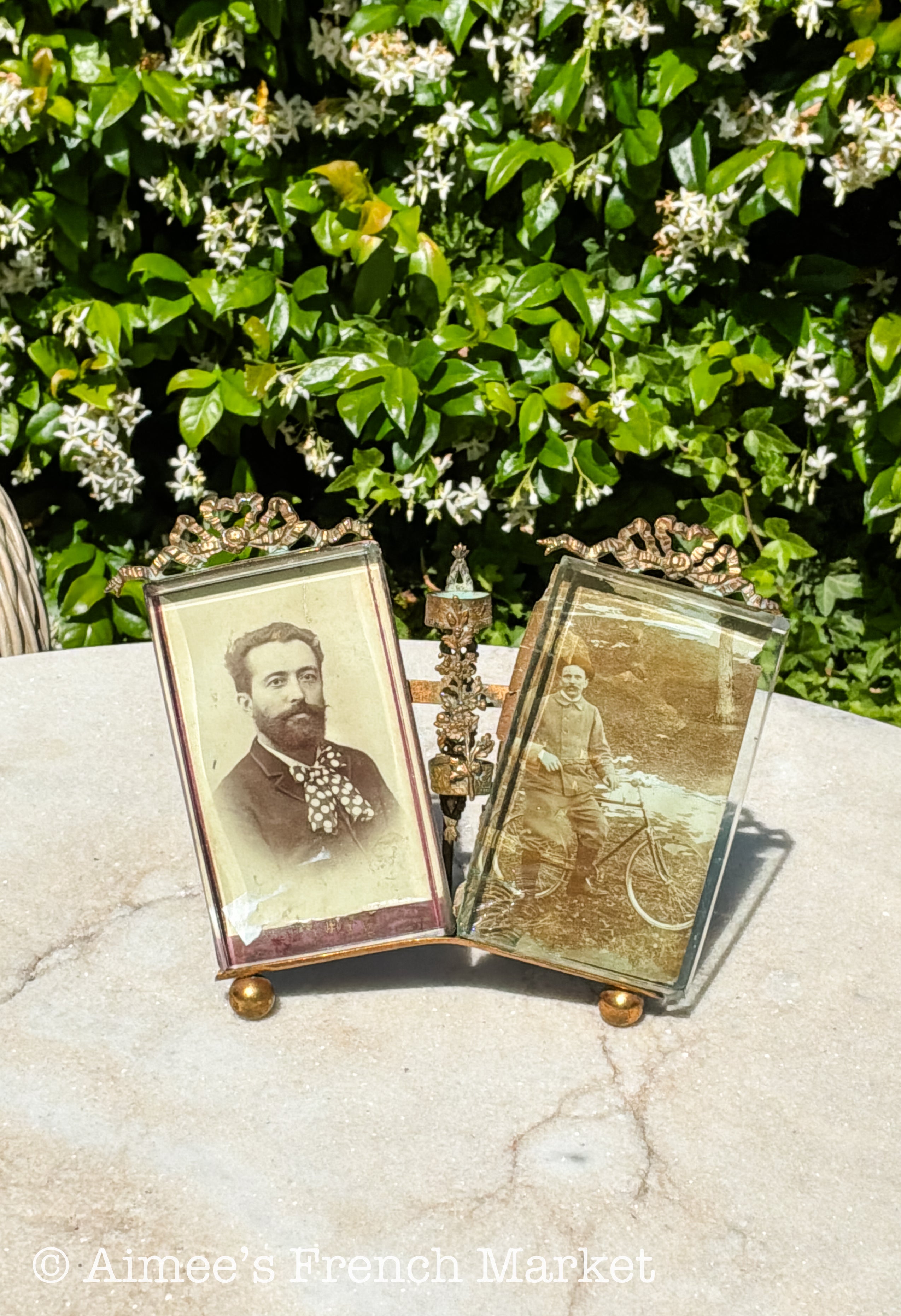 RARE - Antique French Double Photo Frame with Candle Holder — Belle Époque Brass Ormolu Beveled Glass with Original Photographs