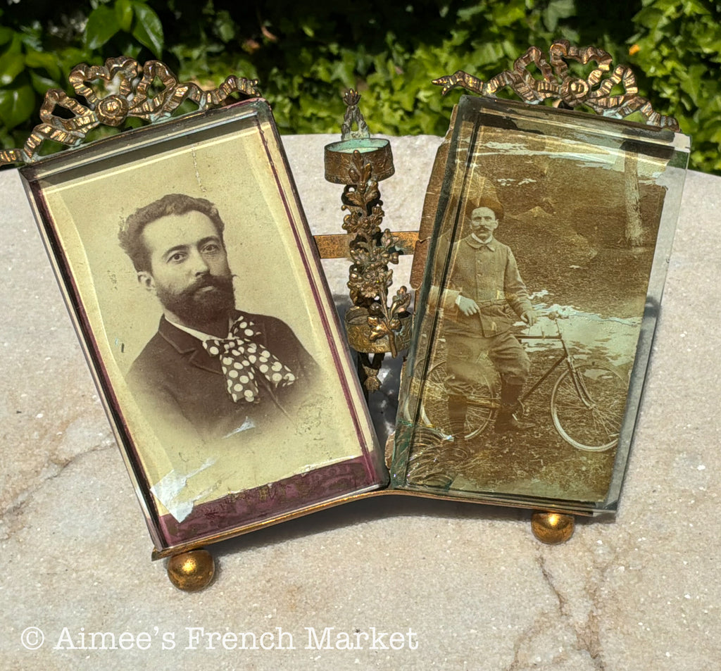 RARE - Antique French Double Photo Frame with Candle Holder — Belle Époque Brass Ormolu Beveled Glass with Original Photographs