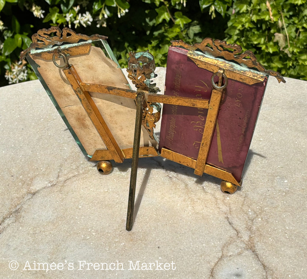 RARE - Antique French Double Photo Frame with Candle Holder — Belle Époque Brass Ormolu Beveled Glass with Original Photographs