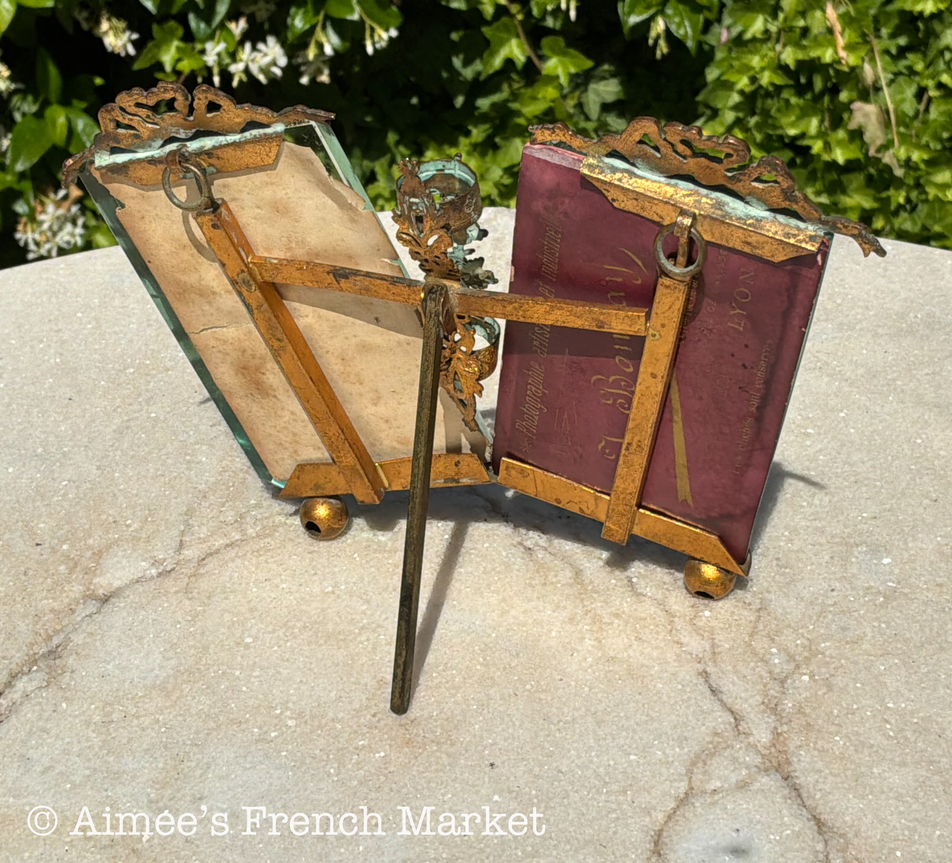 RARE - Antique French Double Photo Frame with Candle Holder — Belle Époque Brass Ormolu Beveled Glass with Original Photographs