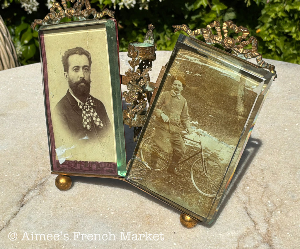 RARE - Antique French Double Photo Frame with Candle Holder — Belle Époque Brass Ormolu Beveled Glass with Original Photographs