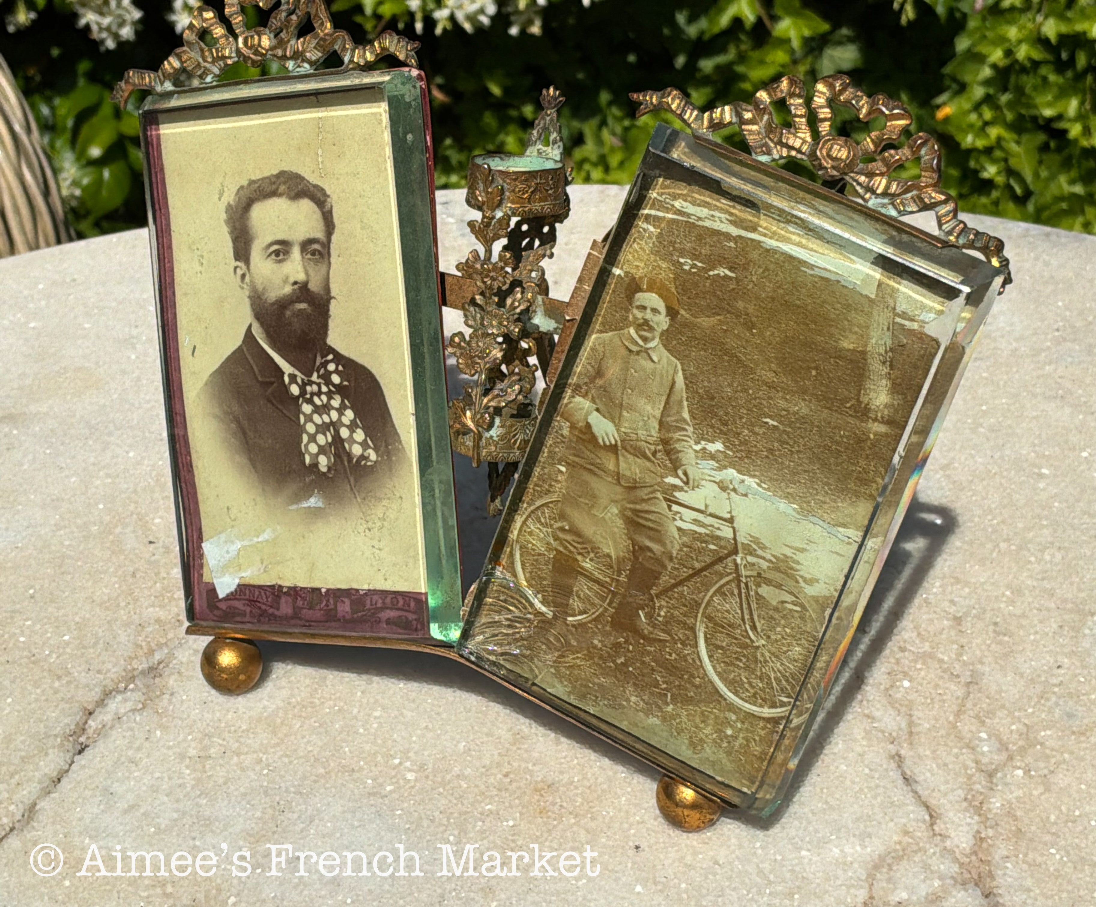 RARE - Antique French Double Photo Frame with Candle Holder — Belle Époque Brass Ormolu Beveled Glass with Original Photographs