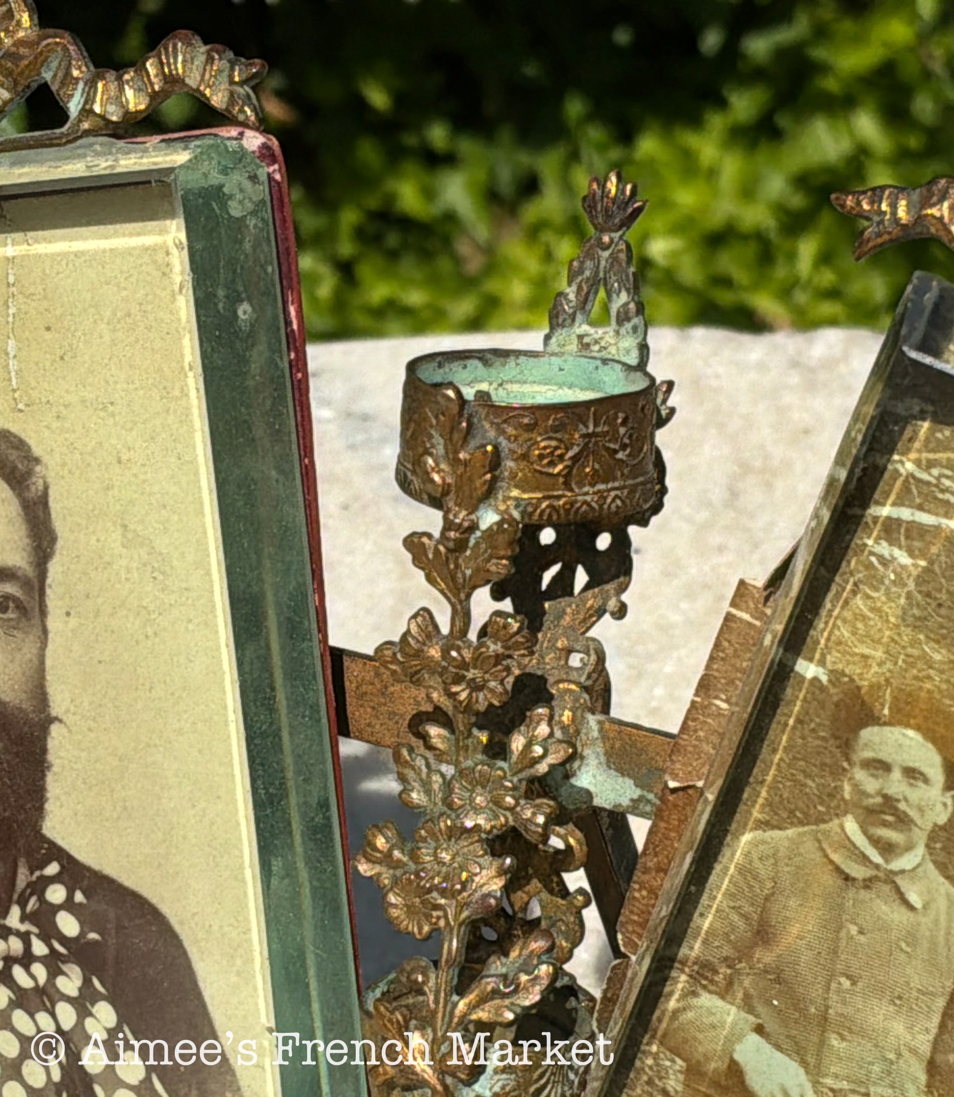 RARE - Antique French Double Photo Frame with Candle Holder — Belle Époque Brass Ormolu Beveled Glass with Original Photographs