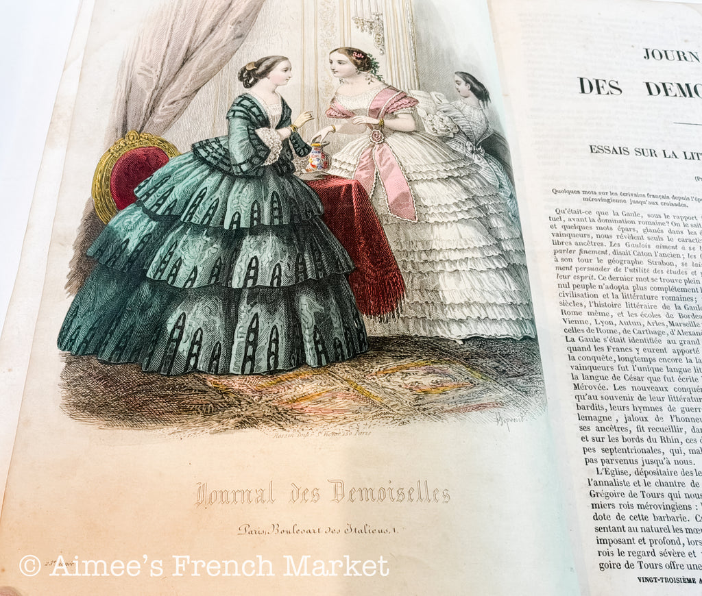 Extraordinary Pair of Antique French Bound Journal des Demoiselles, Paris, 1855 (year of the Exposition Unservsalle) and 1856, with family Provenence