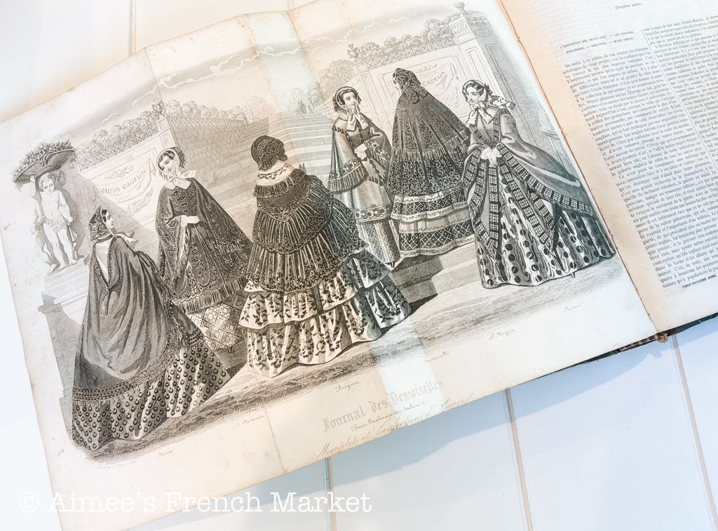Extraordinary Pair of Antique French Bound Journal des Demoiselles, Paris, 1855 (year of the Exposition Unservsalle) and 1856, with family Provenence