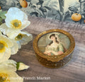 Antique French Gilt Brass Trinket Box — Portrait Miniature Lid — Green Velvet Interior — Belle Époque Boudoir Jewelry Box