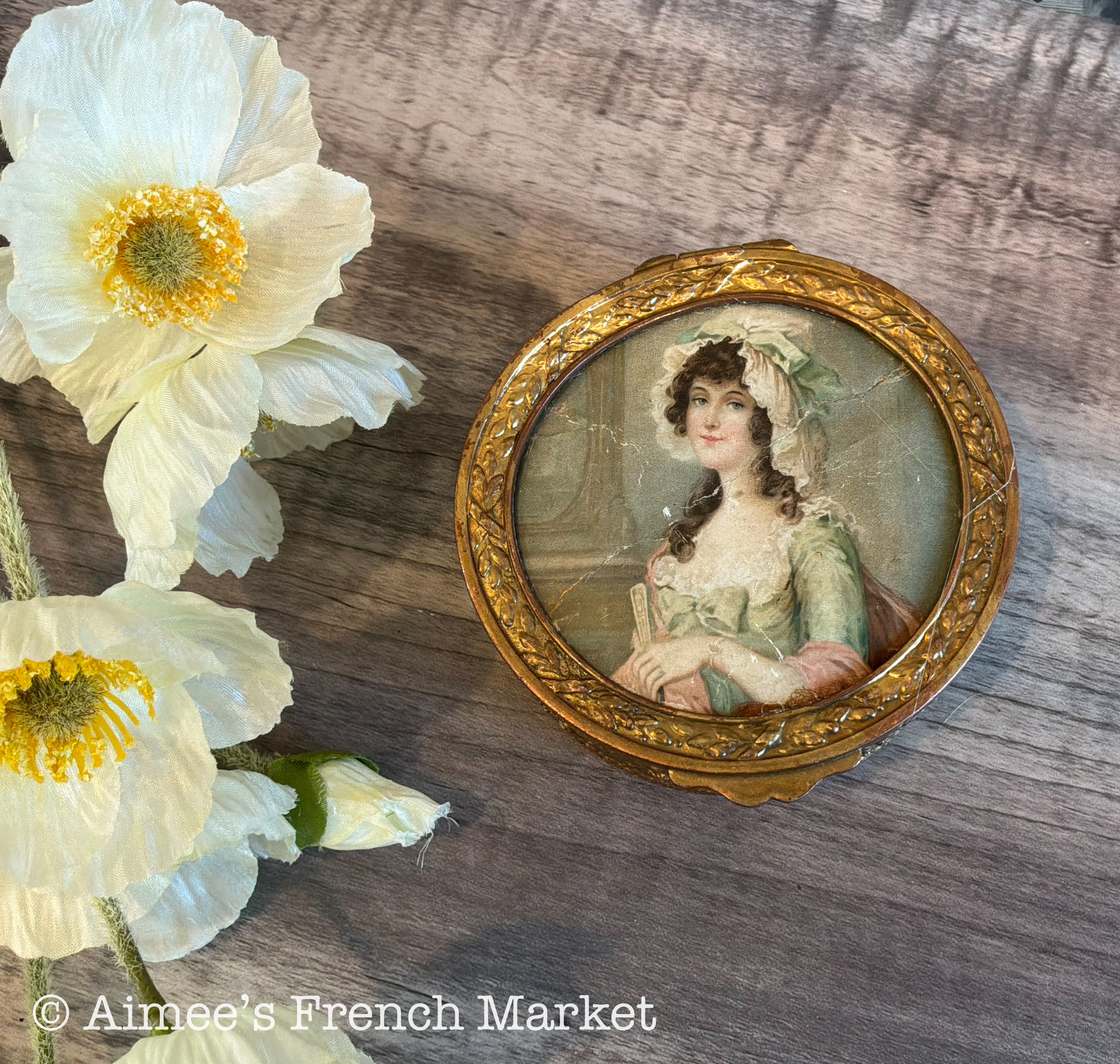 Antique French Gilt Brass Trinket Box — Portrait Miniature Lid — Green Velvet Interior — Belle Époque Boudoir Jewelry Box