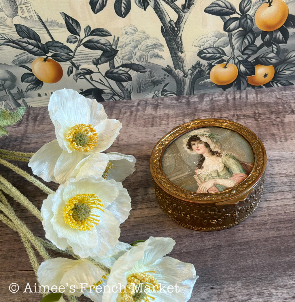 Antique French Gilt Brass Trinket Box — Portrait Miniature Lid — Green Velvet Interior — Belle Époque Boudoir Jewelry Box