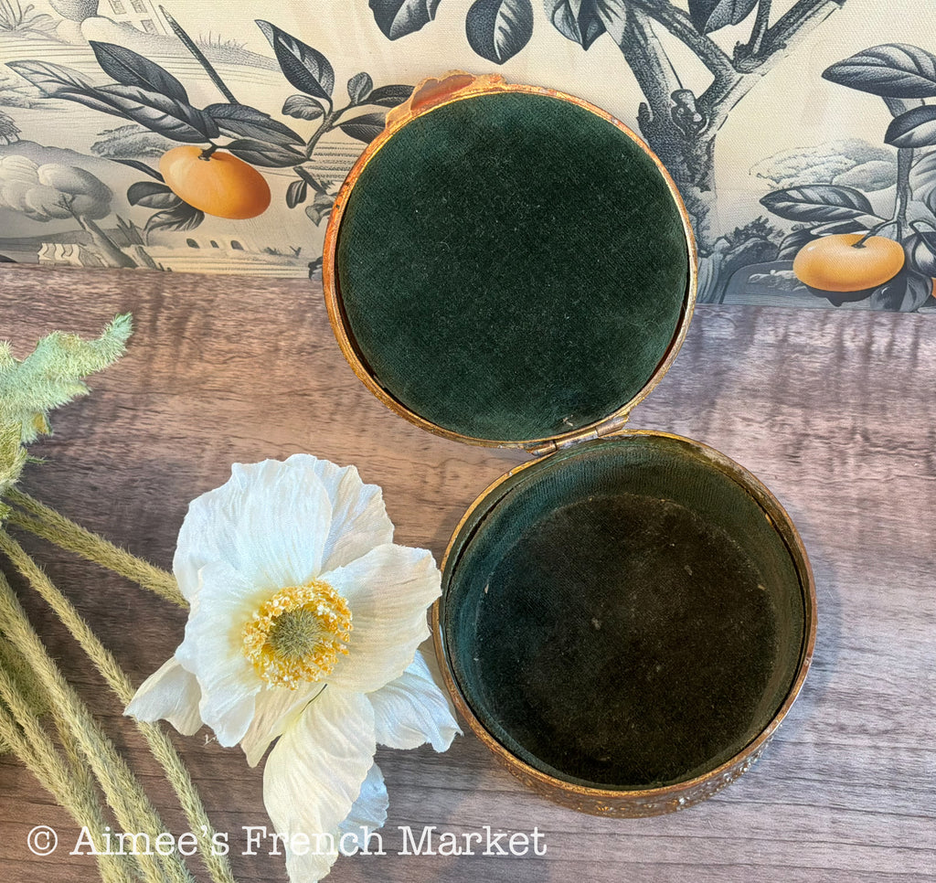 Antique French Gilt Brass Trinket Box — Portrait Miniature Lid — Green Velvet Interior — Belle Époque Boudoir Jewelry Box